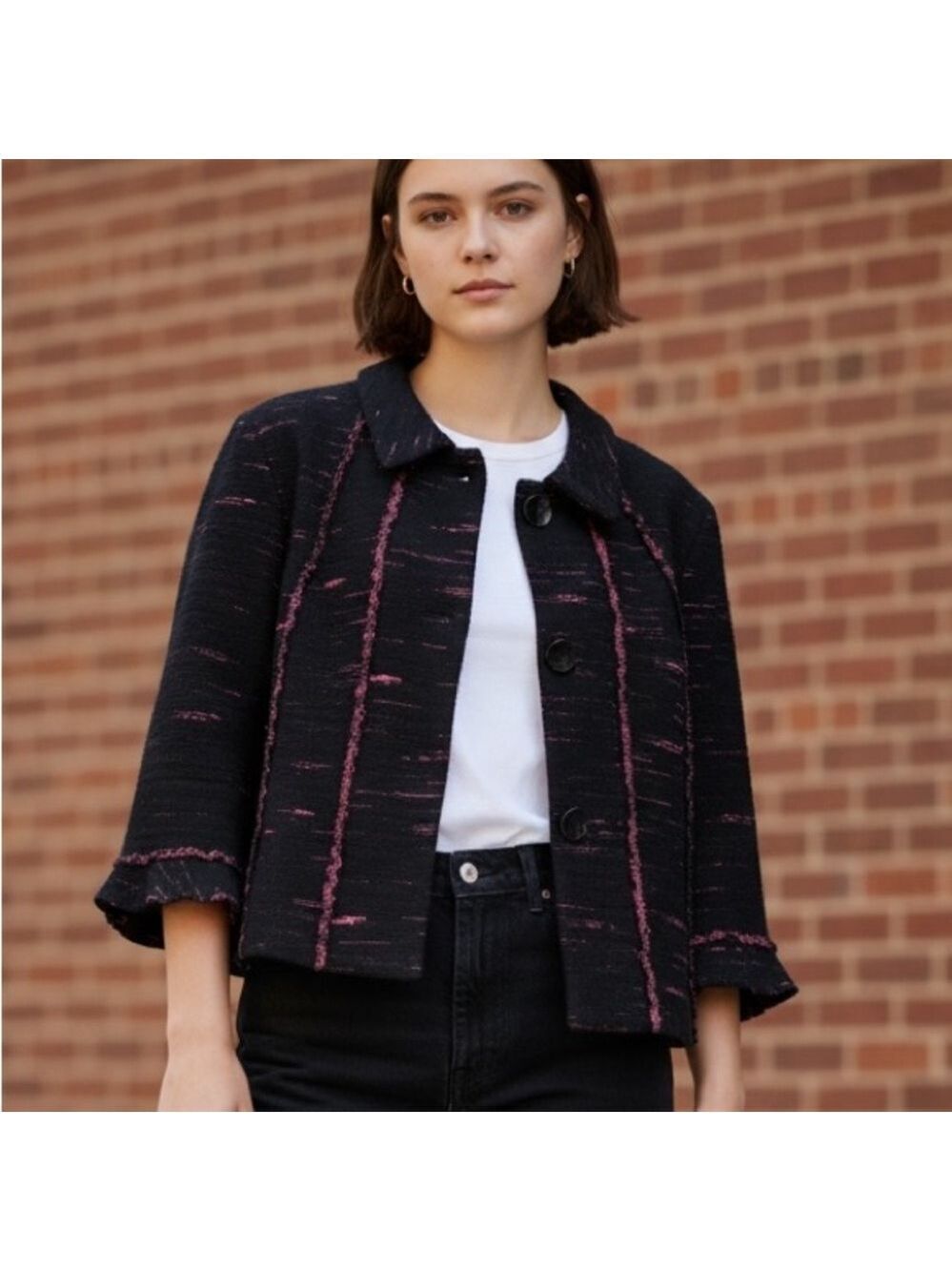 Andria Lieu Collection Black Pink Textured Cropped Jacket 3/4 Sleeves Buttons L